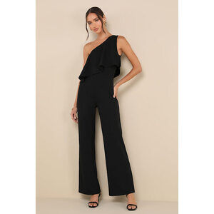 Lulus Flawless Vibes Black One-shoulder Tiered Wide-leg Jumpsuit - Size S